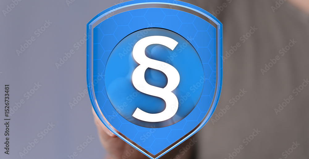 Poster image of a digital shield protecting a paragraph symbol, representing legal security and data protec