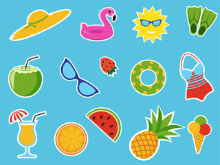 Summer stickers, blue background, lifebuoy, inflatable flamingo, flippers, sun, swimsuit, strawberry, pineapple, coconut, cocktail, watermelon, orange
