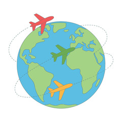 Global Air Travel Concept with Colorful Airplanes Flying Around the World on Dashed Routes in a Flat Design