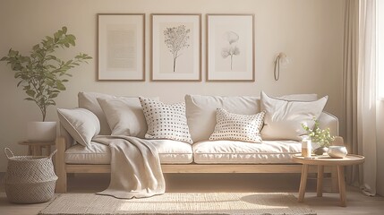 Naklejka premium Monochrome Polka Dot Pillows, stylish mini polka pattern, bright solid sofas, Scandinavian interiors, modern decor, minimalist design, harmonious color palette, cozy atmosphere