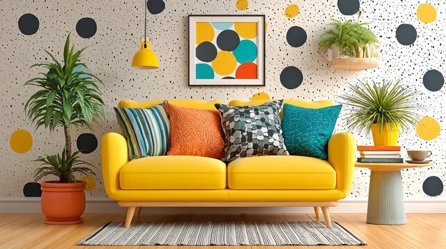 Playful Polka-Dot Wallpaper, oversized black dots on a cream background, perfect for enhancing a modern maximalist living room's vibrant and eclectic atmosphere