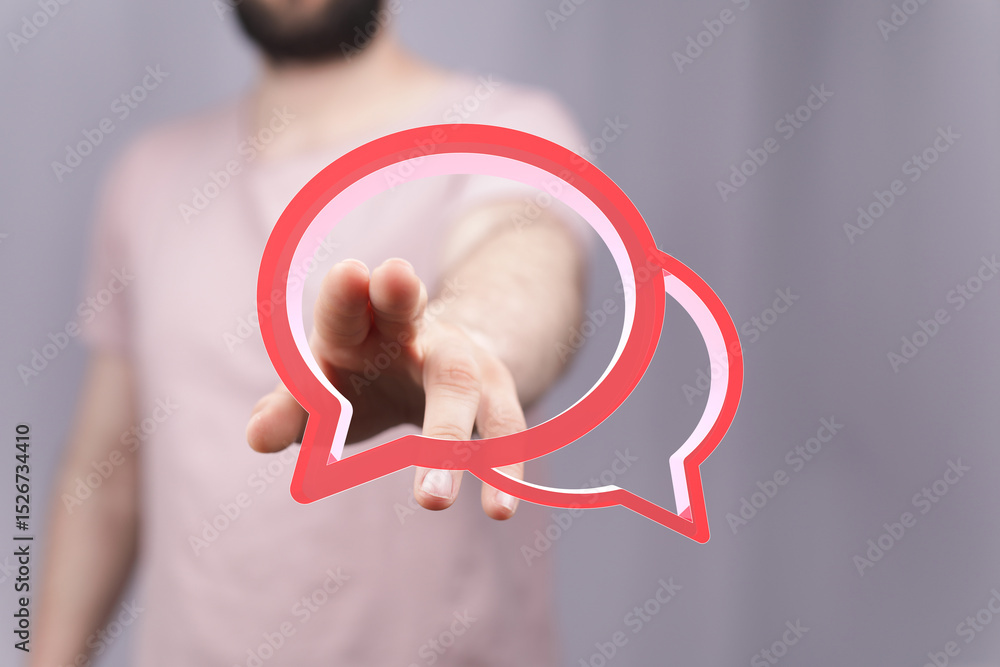 Aufkleber image of a man reaching towards digital speech bubbles, symbolizing communication and connection.