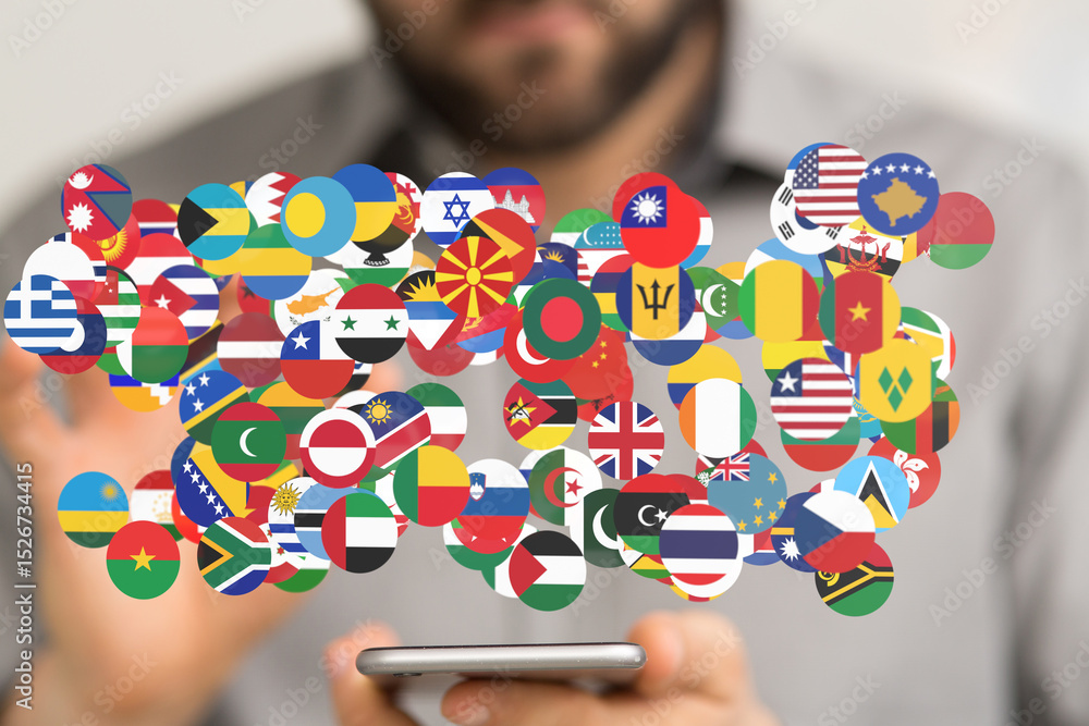 Poster person using a smartphone to connect with various countries. international business concept.