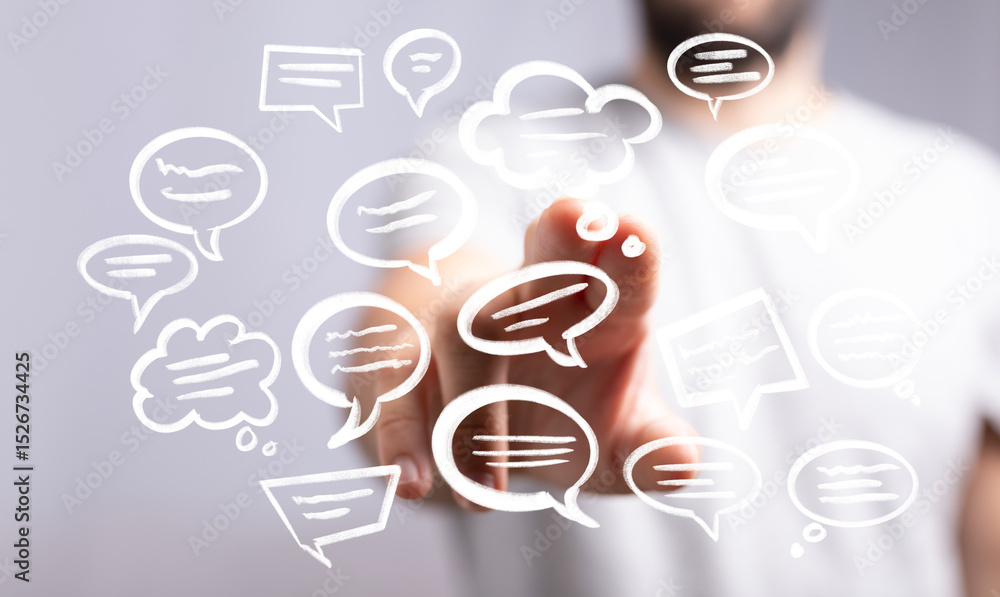 Poster Abstract image of a person interacting with digital speech bubbles, representing communication and social media.