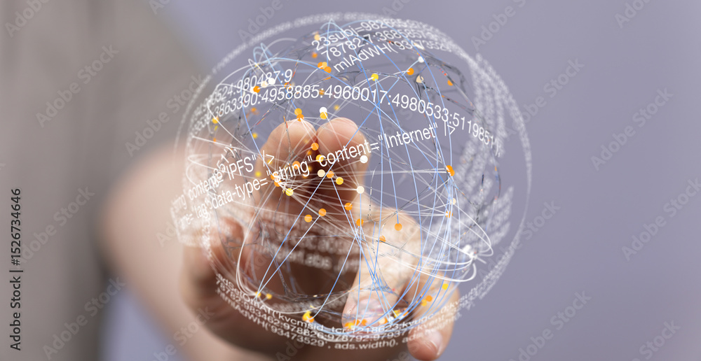 Fototapete Abstract image of a hand interacting with a digital globe representing global network connections.