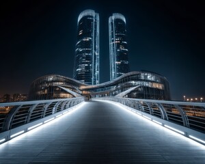 Obraz premium Nighttime Pedestrian Bridge Connecting Two Modern Towers in Urban Setting