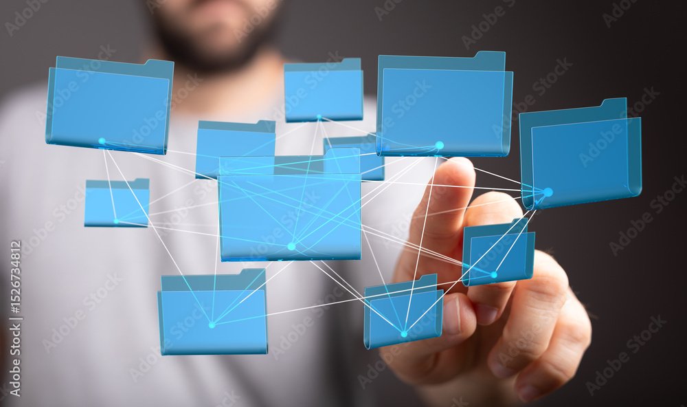 Poster A person interacts with a network of digital folders, illustrating data management, cloud storage, or file sharing.