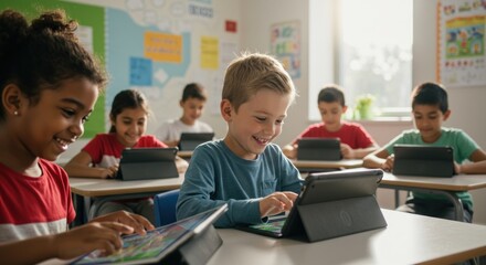Elementary students using tablets in classroom