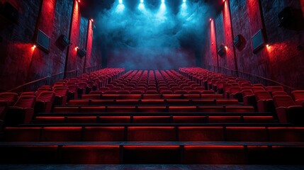 Empty movie theater auditorium with red seats