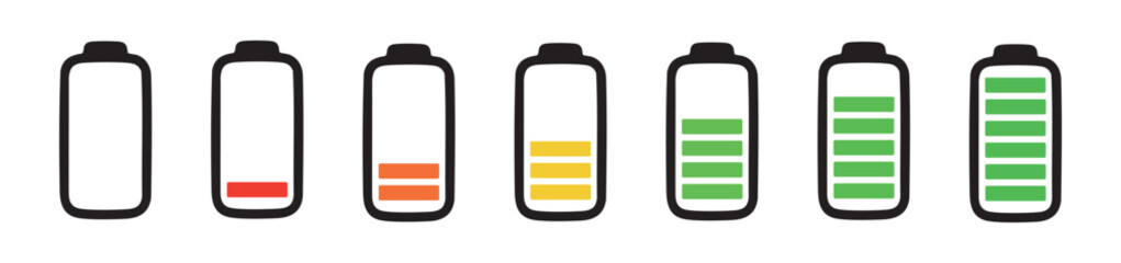 Set of battery icons showing different charge levels, isolated on white background, graphic illustration. concept of energy, power supply, battery life, digital device, charging status