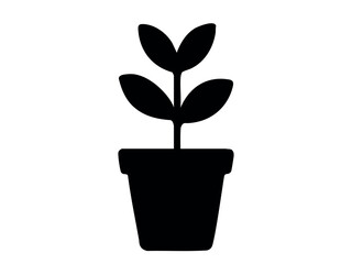Black silhouette of a potted plant with leaves isolated on white background, graphic illustration. concept of gardening, indoor decor, houseplant, nature, design element
