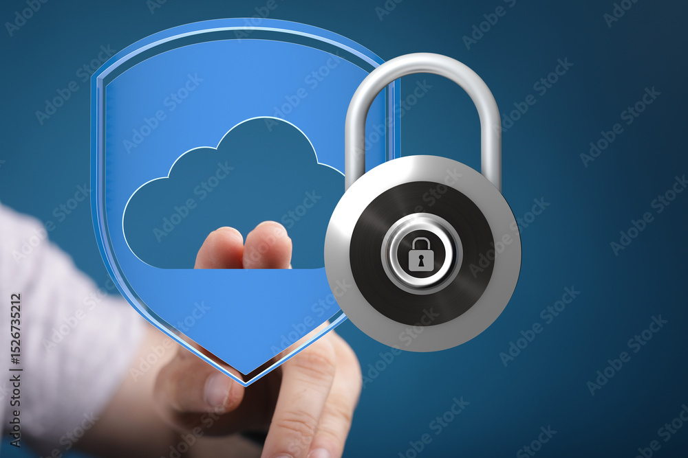 Poster image of a digital padlock and shield protecting cloud data, symbolizing online security and safety.