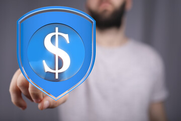 Secure your finances.  Digital shield protecting dollar sign. Invest wisely.