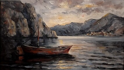 "Solitary Boat at Dusk in a Mountain Bay – Oil Painting"
