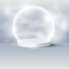 Empty cylindrical podium for product presentation with glowing ring, light effects and haze on background