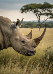 Obraz premium A rhinoceros stands in tall grass with a tree in the background