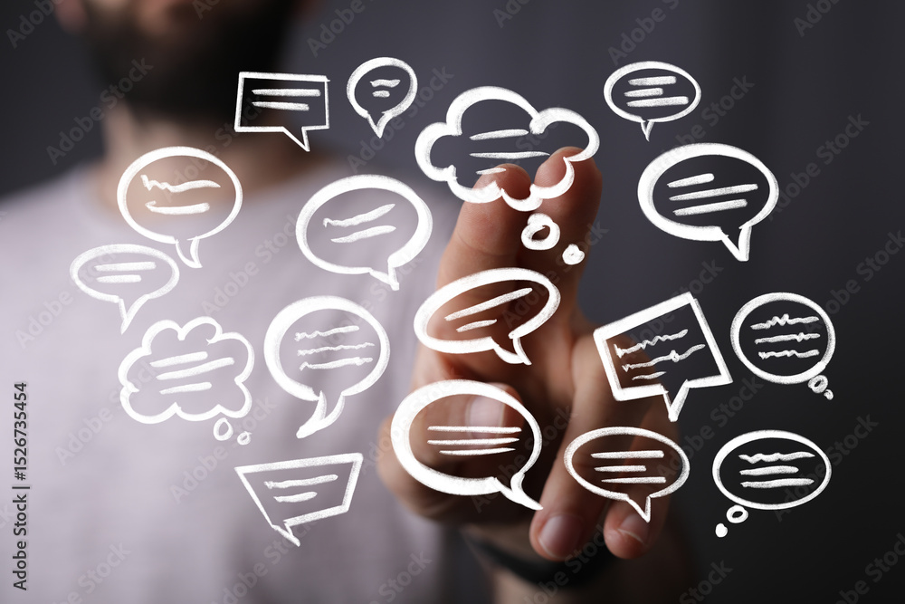 Poster abstract image of hand interacting with speech bubbles. perfect for communication, networking, and s