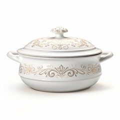 An isolated, ultra-detailed photograph of white Casserole Dish on a white background, realistic photography