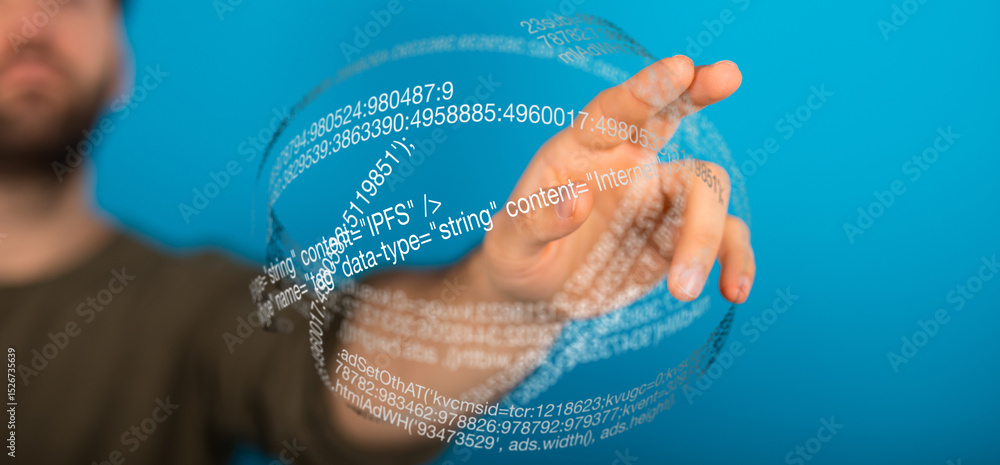 Poster person touches a futuristic sphere filled with lines of code, representing technology, data, and inn