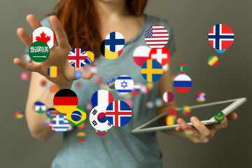 Global communication, international business, worldwide network concept. Woman using tablet with...
