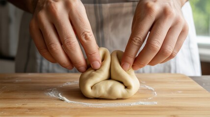 Hands folding homemade dough on wooden board