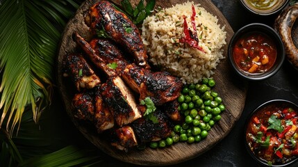 Flat lay of Jamaican jerk chicken with rice and peas, grilled smoky textures and tropical vibrant tones