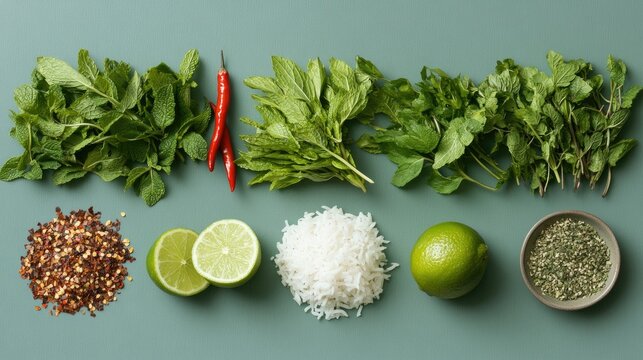 Flat lay of Laos larb with herbs and sticky rice, fresh mint, lime, and chili flakes, bright natural colors