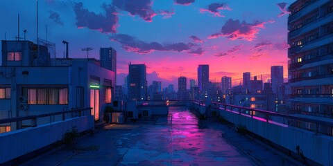 Urban Skyline with Neon Light Casting Across Evening Sky
