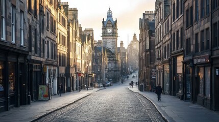 Fototapeta premium Edinburgh's Tranquil Dawn: A Cobblestone Street Awakening