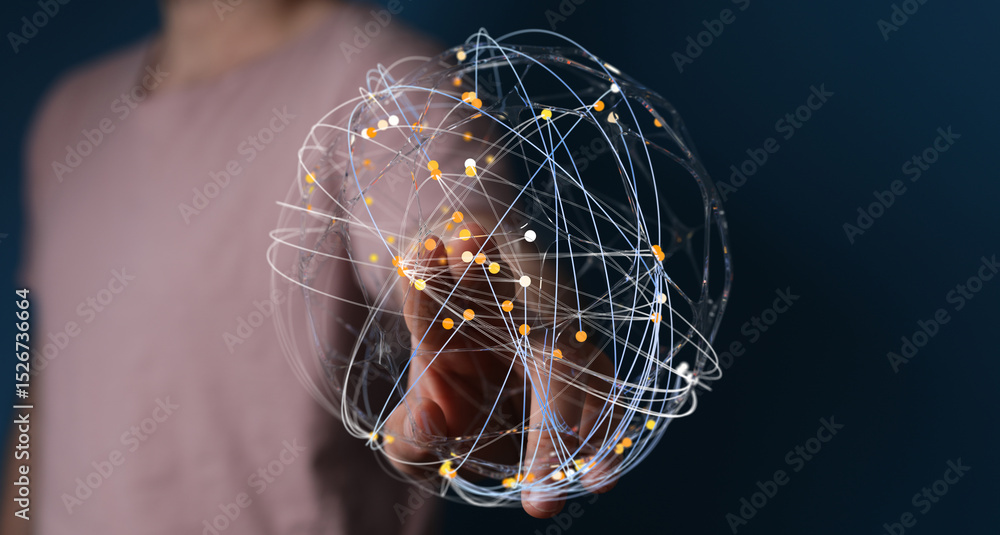 Aufkleber Abstract image of a hand interacting with a digital network sphere, representing global connectivity and data visualization.