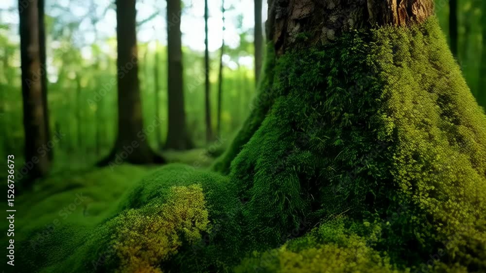 Poster lush green moss covers the base of a forest tree with sunlight streaming through the background tree