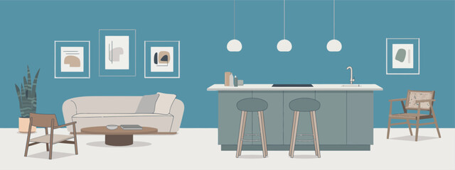 Modern Open Concept Living Space with Kitchen Island Sofa and Armchairs in Earthy Tones and Blue Accents Illustration