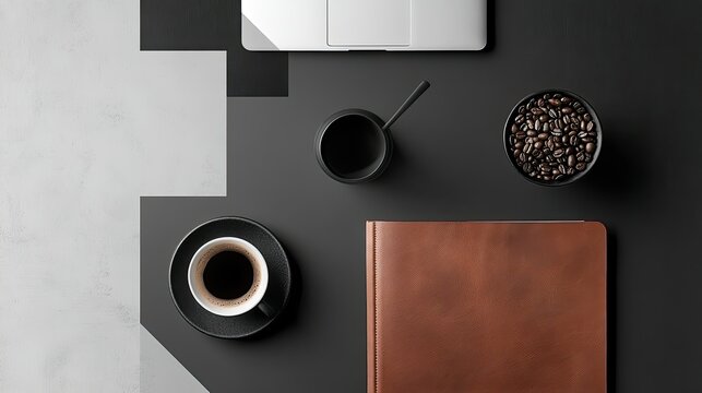Flat lay of minimalist Berlin apartment desk, laptop, espresso cup, leather notebook, monochrome black, white and brown
