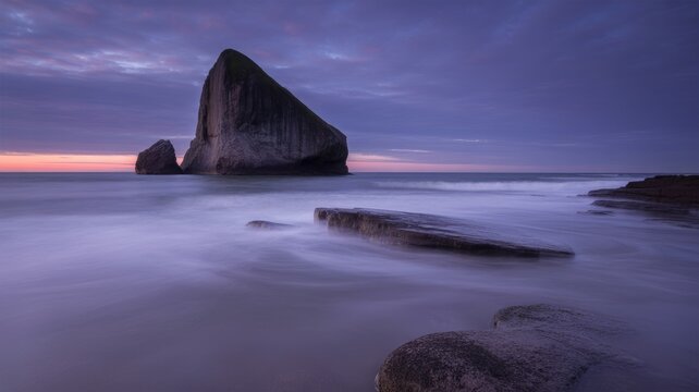 Majestic coastal rock formation at sunset with tranquil ocean waves