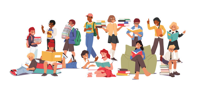 Crowd of happy smart children cartoon student characters with books back to school together