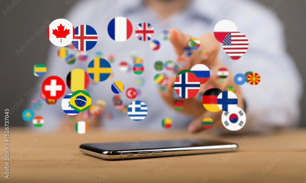Poster Person interacts with floating flags on a smartphone, symbolizing global communication and translation.
