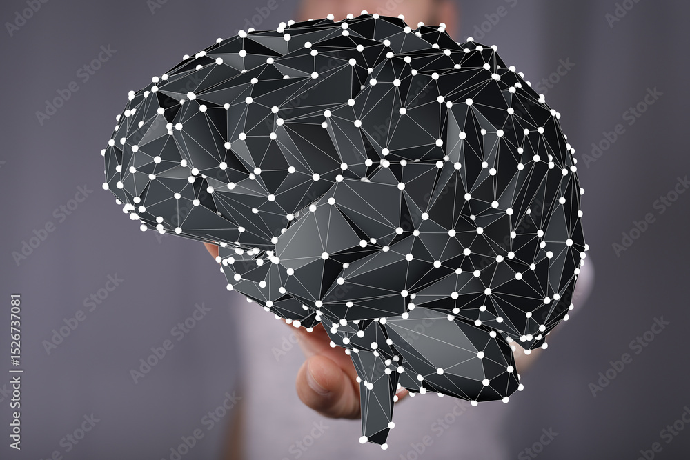 Poster abstract image of a digital brain, representing neural networks, ai, and innovation.