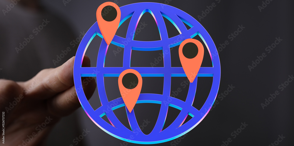 Poster illustrative image of a global network with location markers. represents worldwide connectivity and 