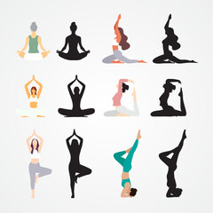 Fototapeta premium Collection of yoga poses color flat and shadow flat icon illustration design