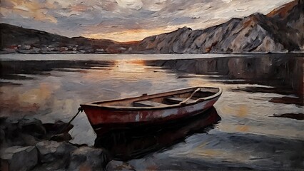 "Solitary Boat at Dusk in a Mountain Bay – Oil Painting"