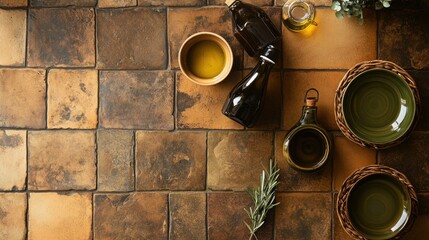 Flat lay of rustic Tuscan kitchen tiles, olive oil bottles, ceramic plates, warm ochre and olive green palette