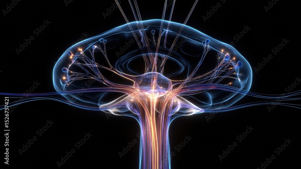 Poster 3d rendering of optic nerve and eye anatomy with futuristic glow and clean upper margin illustrating