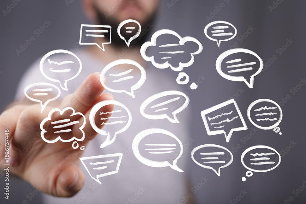 Aufkleber Abstract image of a man interacting with digital speech bubbles, representing communication and connection.