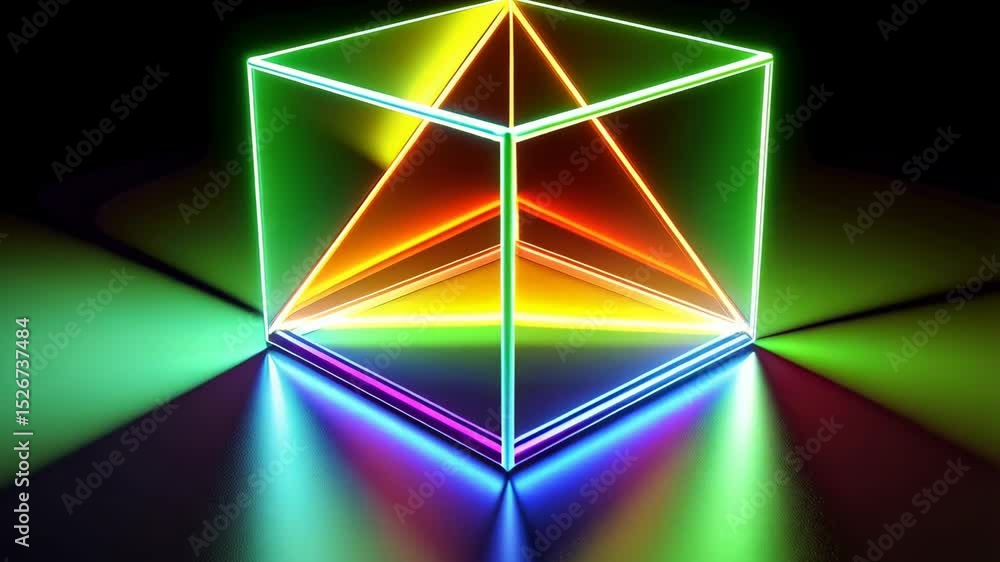 Poster abstract cube and tetrahedron geometric design with neon glowing edges casting vibrant colored light