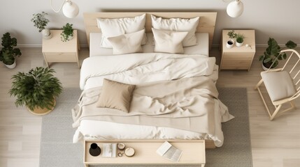 Flat lay of Scandinavian-style bedroom, white linens, birch wood furniture, soft beige tones