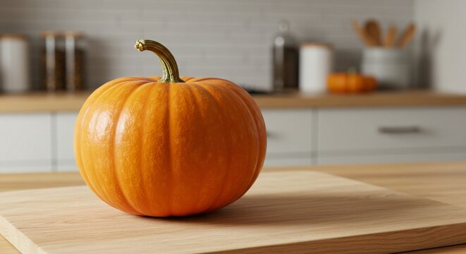 A vibrant orange pumpkin sits on a wooden cutting board in a bright kitchen setting, ready for fall.