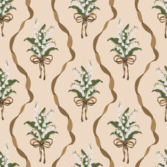 Lily Of the Valley Flower bouquet Coquette Bow Vintage ribbon seamless Pattern satin bow knot Damask