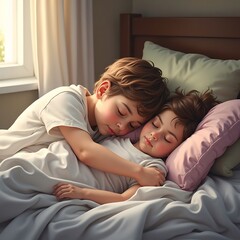 Sleeping Children Hugging in Bed Family Closeness and Peacefulness Concept