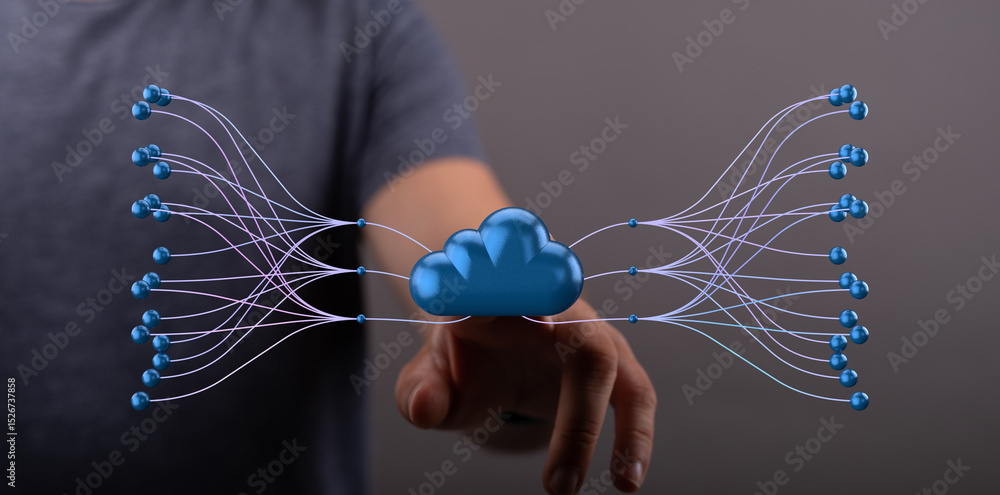 Poster Illustrative image of cloud computing, data connections, and global network infrastructure.