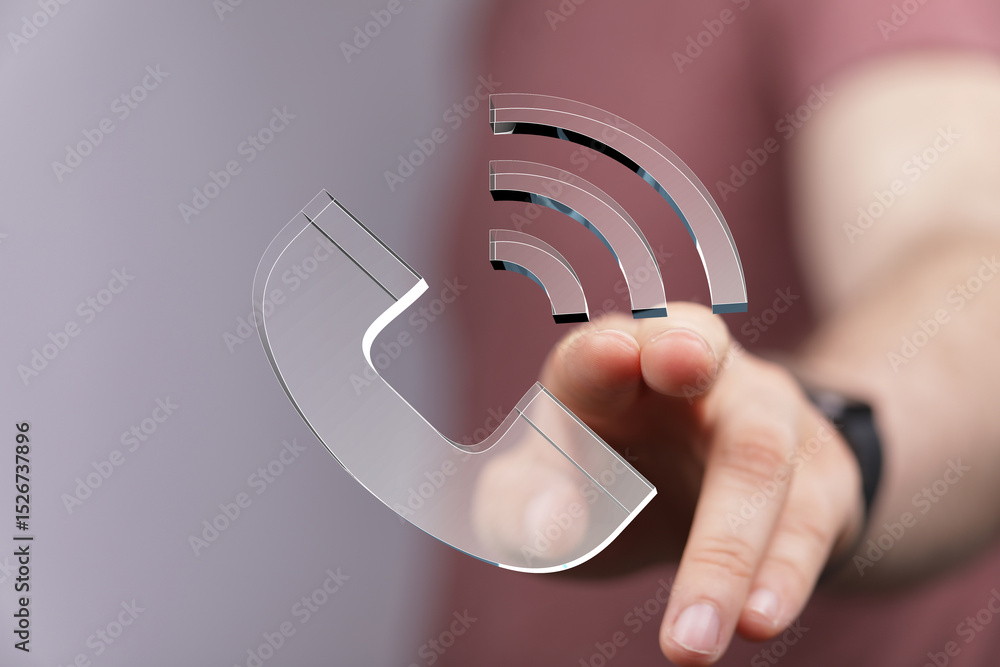 Poster hand reaching for a transparent phone icon with wifi signal. digital communication concept.